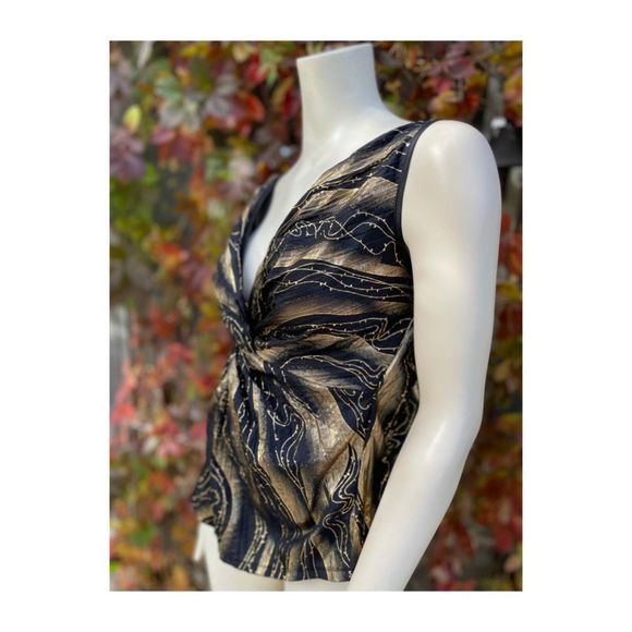 Maxmara Silk Top Black Gold Art Deco Twist Front V Neck - Picture 3 of 12
